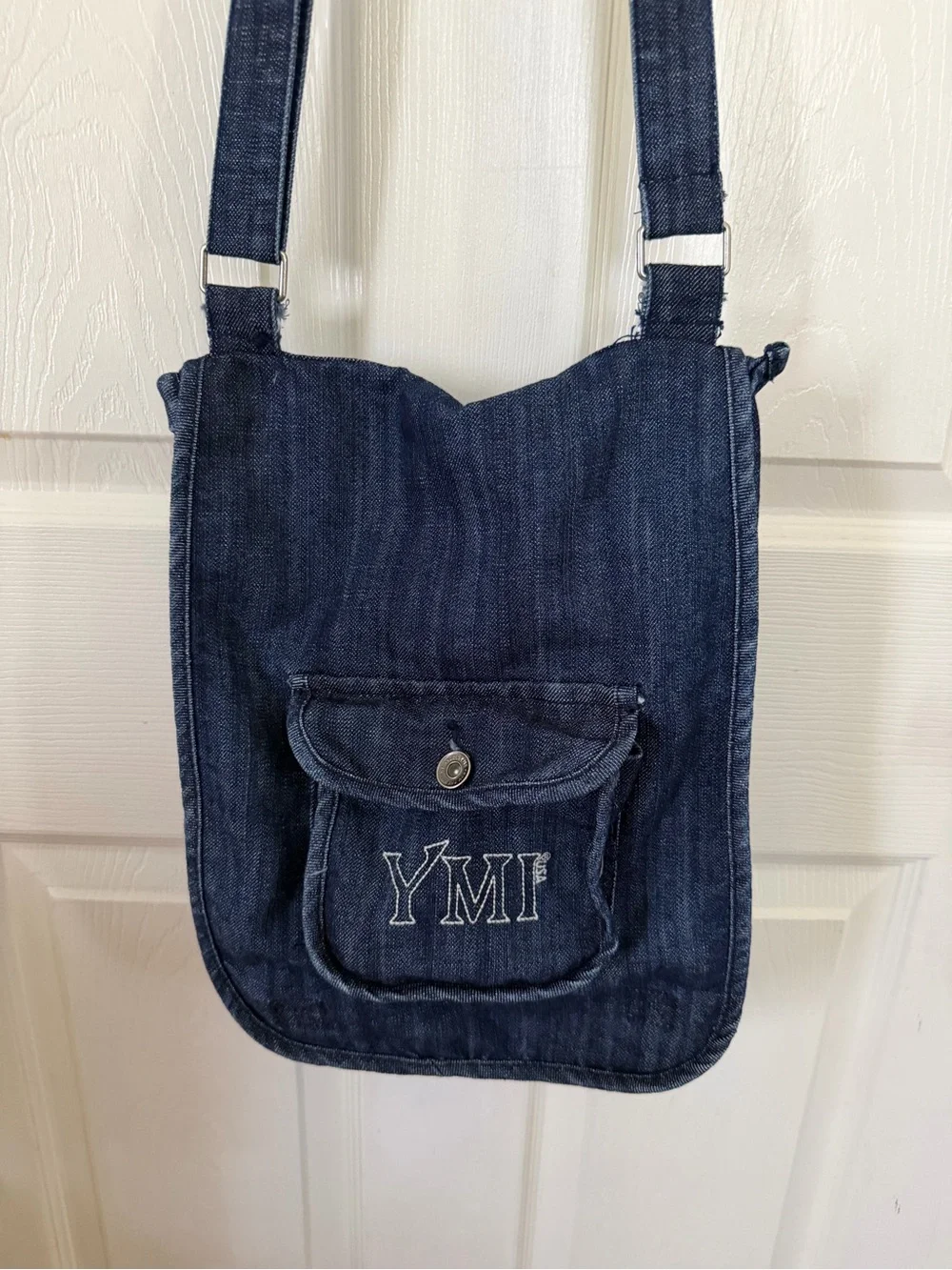 Vintage YMI Dark Wash Denim Crossbody Messenger Bag Embroidered Logo 90s Y2K